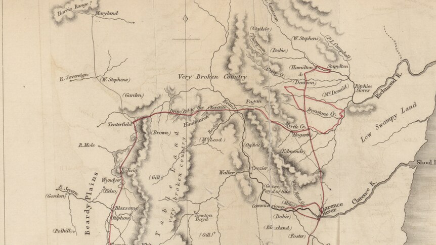 An old sketch showing the tributaries and waterways of the Clarence and Richmond Rivers