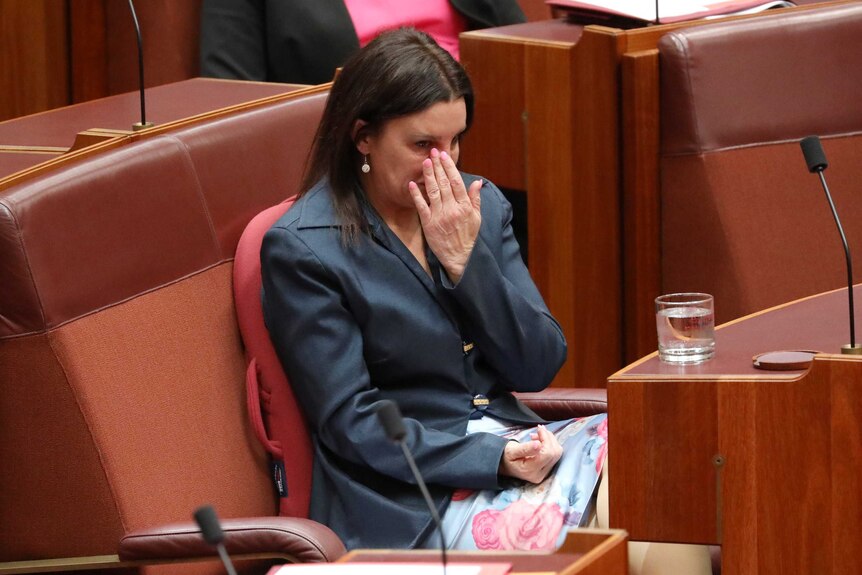 Jacqui Lambie sits down and wipes tears from her eyes as she informs the Senate she's resigning.
