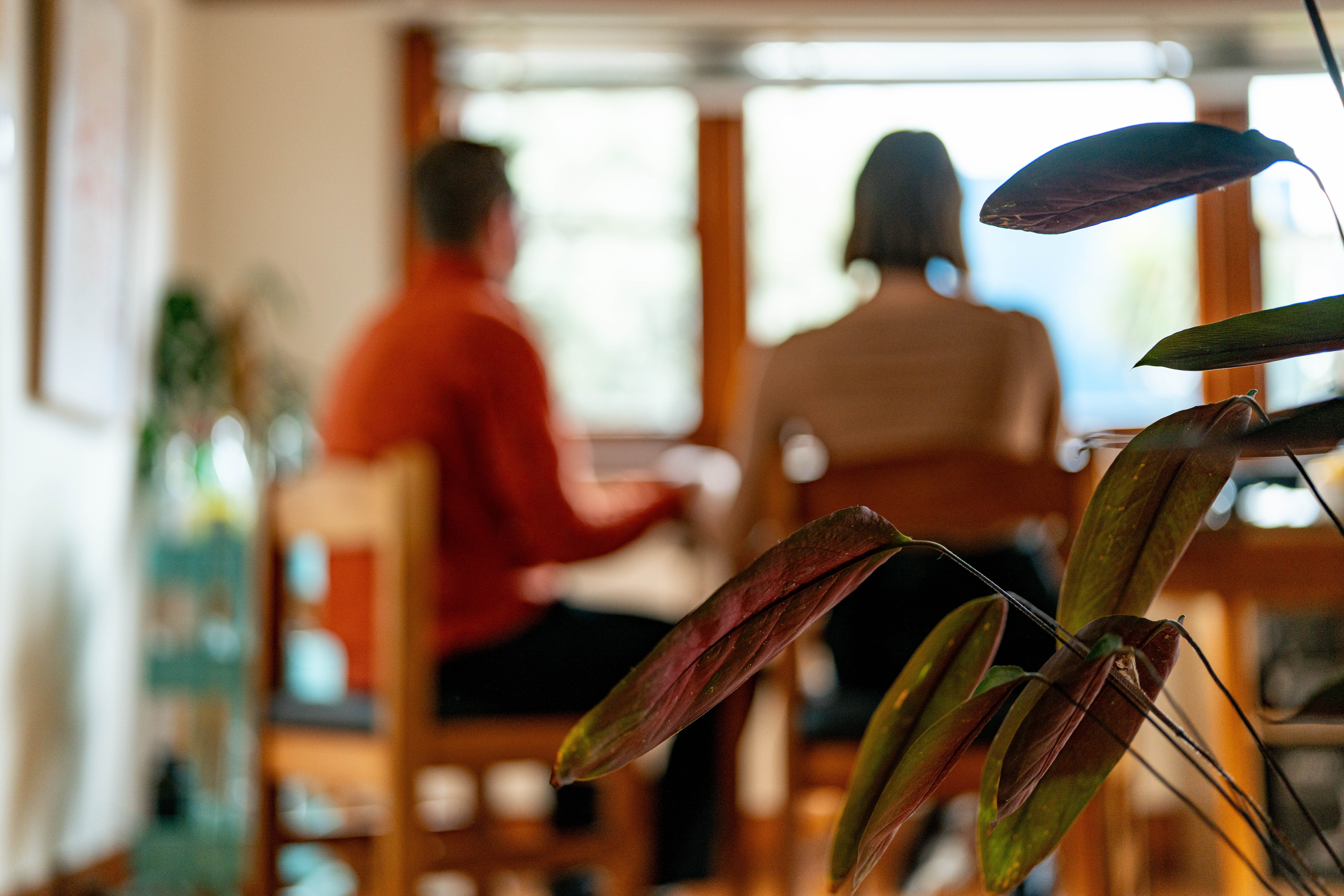 A blurry man, wearing an orange jacket, and a woman, wearing a tan long sleeve, sit at a dining table, plant leaves in focus.