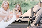 A group of girls cheers their glasses, while a man sits by a highway with a bottle of alcohol