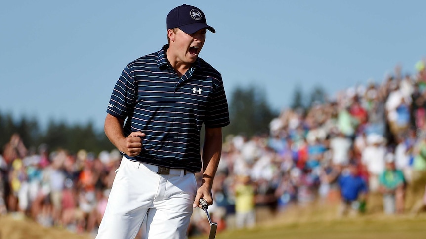 American Jordan Spieth celebrates a birdie on the 16th in the final round of the 2015 US Open.