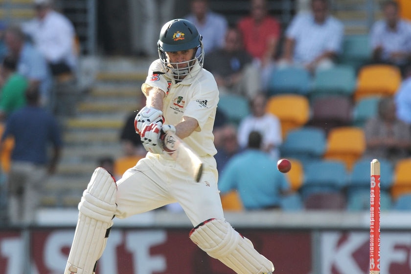 Simon Katich plays a cut shot during Australia's second innings at the Gabba on Nov 12
