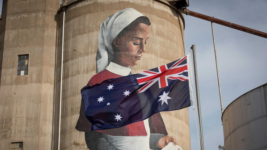 A WWI nurse on a 20 metre high mural on the disused grain silos in the small town of Devenish in northern Victoria.