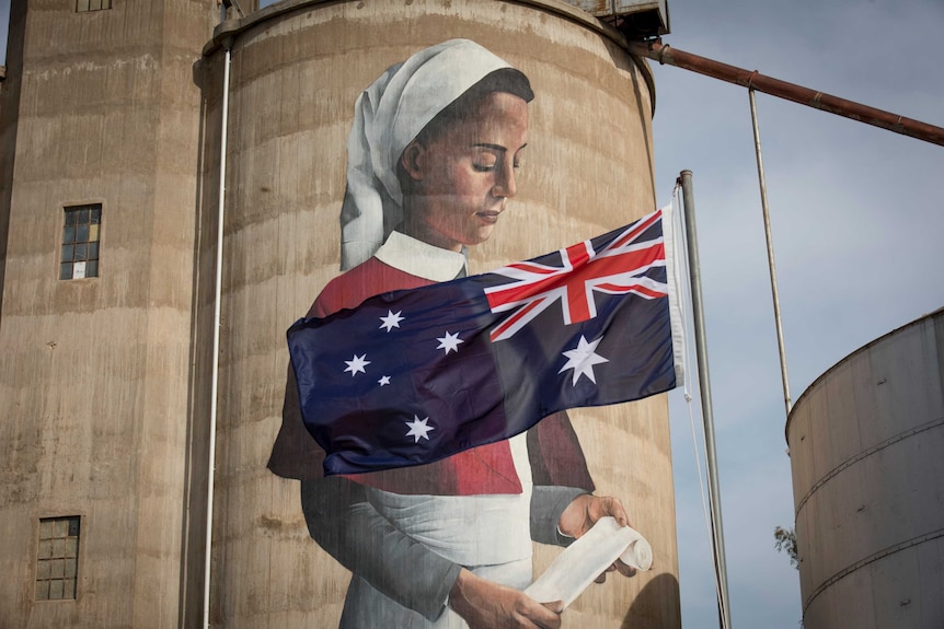 A WWI nurse on a 20 metre high mural on the disused grain silos in the small town of Devenish in northern Victoria.