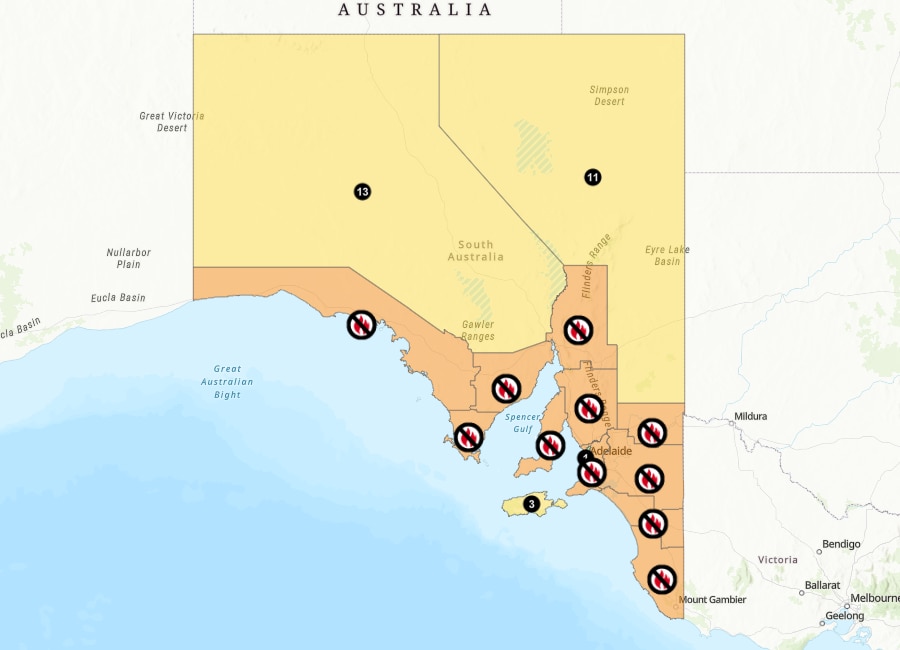 Un mapa de Australia del Sur que muestra una prohibición total de incendios en las regiones costeras.