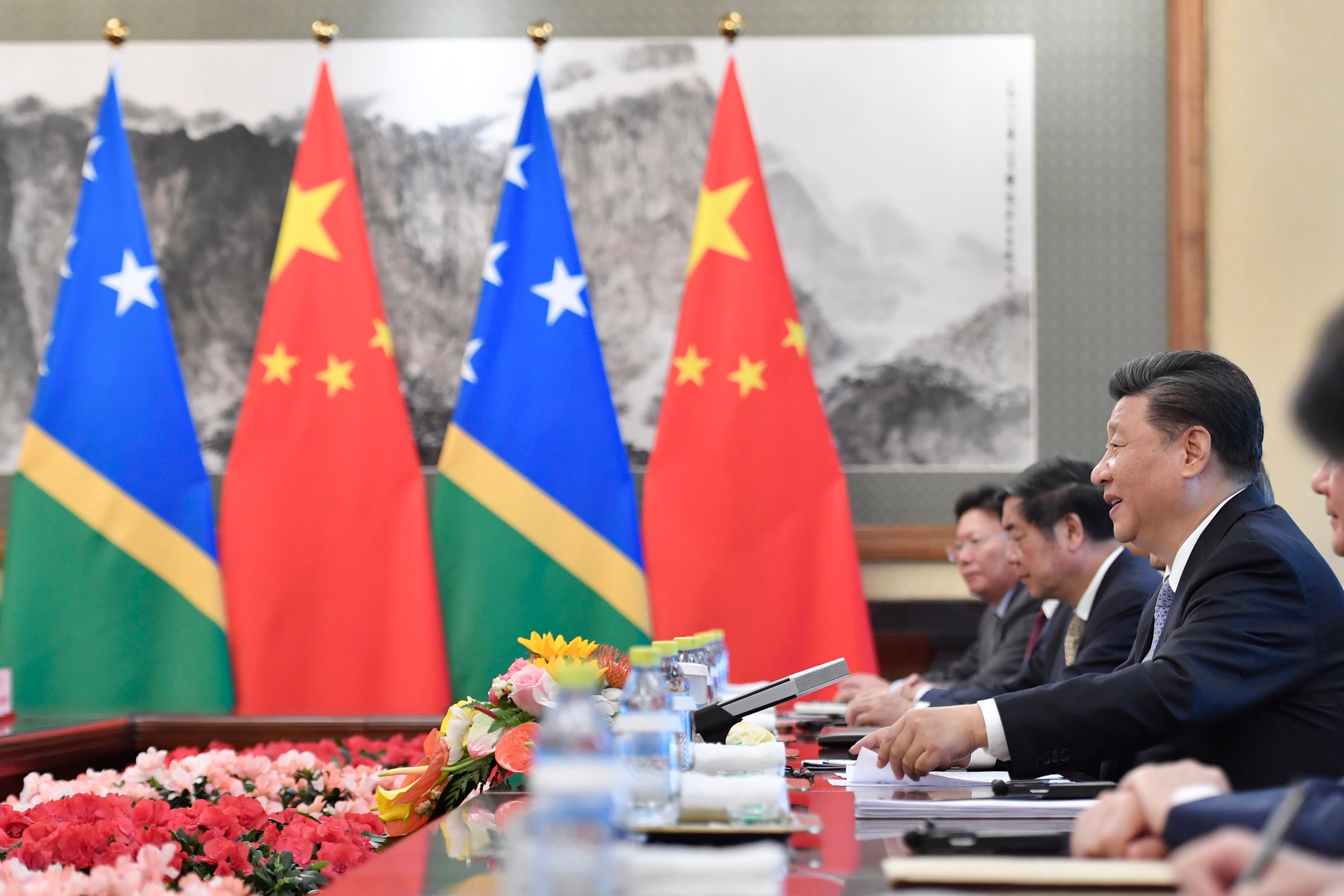 Chinese President Xi Jinping talks to Prime Minister of the Solomon Islands in a 2019 meeting.