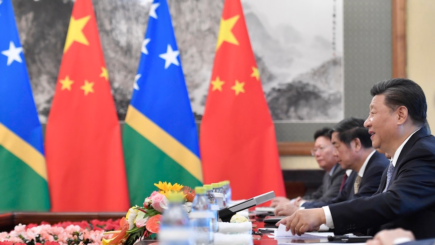 Chinese President Xi Jinping talks to Prime Minister of the Solomon Islands in a 2019 meeting.