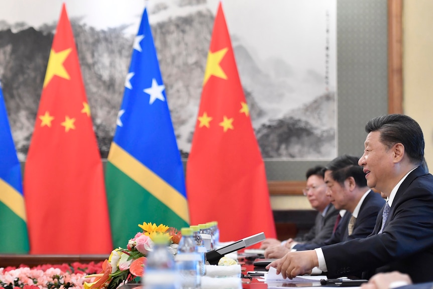 Chinese President Xi Jinping talks to Prime Minister of the Solomon Islands in a 2019 meeting.