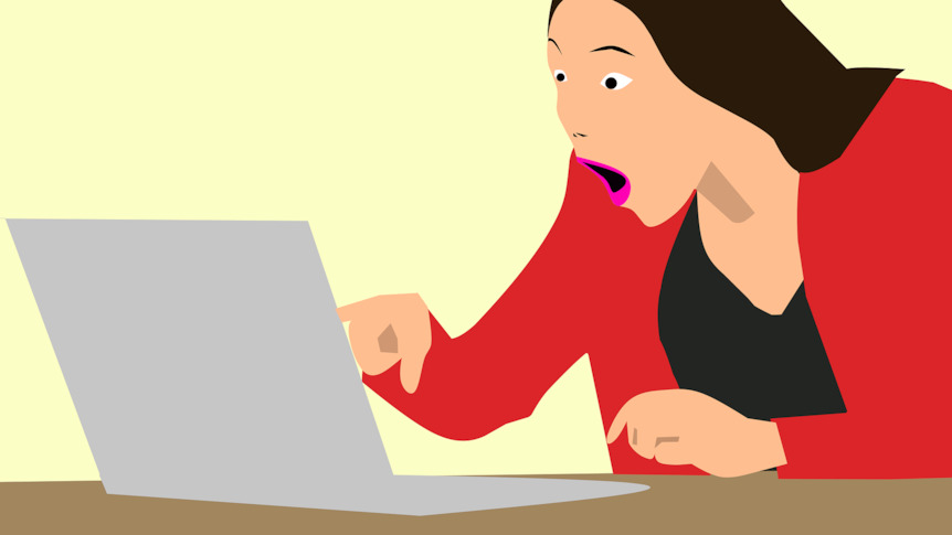 Illustration of a woman expressing surprise at something on a laptop.