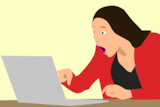 Illustration of a woman expressing surprise at something on a laptop.