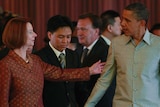 PM Julia Gillard greet US president Barack Obama at East Asia Summit