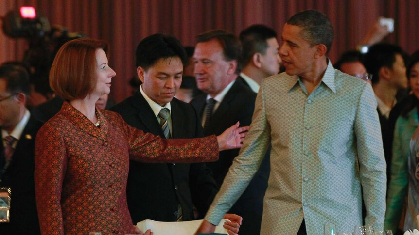 PM Julia Gillard greet US president Barack Obama at East Asia Summit
