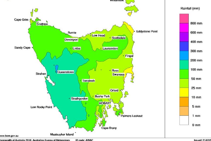 Rainfall Tasmania February 2018.