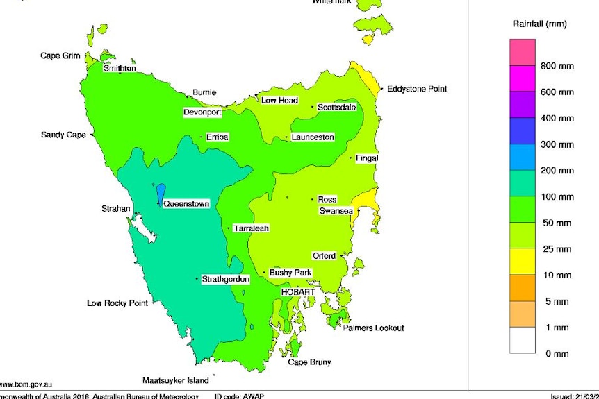 Rainfall Tasmania February 2018.