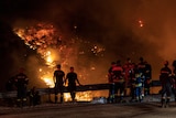 A group of firefighters stand on a roadside with a massive fire raging in the background