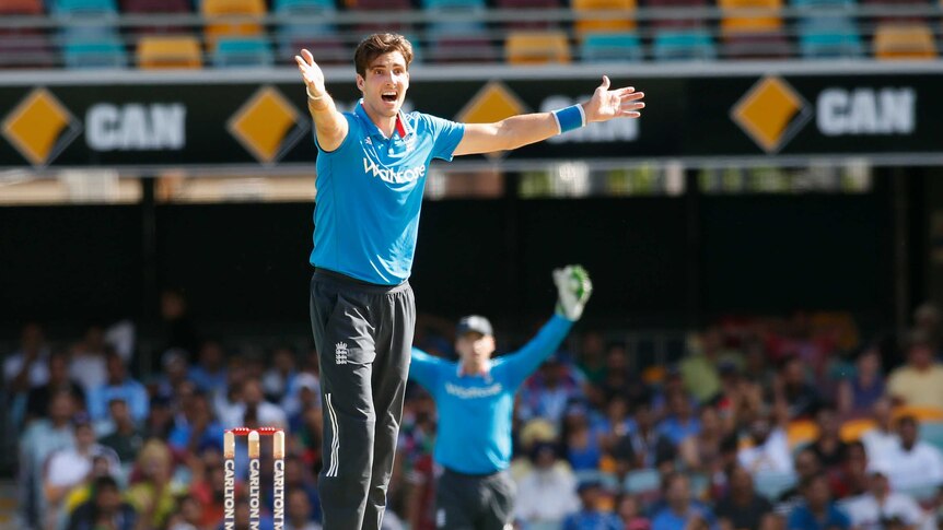 Steve Finn appeals for a wicket during the ODI against India
