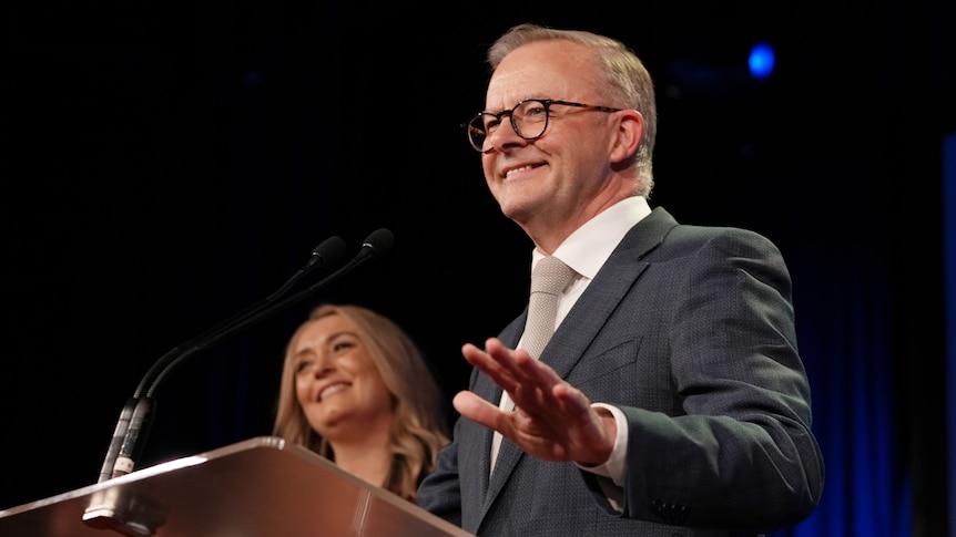 Labor leader and incoming prime minister Anthony Albanese smiles while speaking after the 2022 federal election.