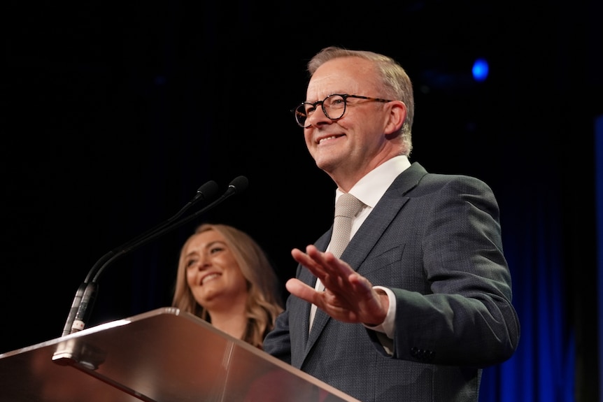 Labor leader and incoming prime minister Anthony Albanese smiles while speaking after the 2022 federal election.