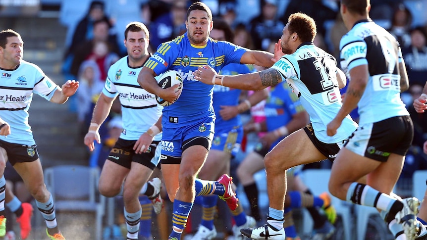 Jarryd Hayne breaks clear for a try for Parramatta against Cronulla.