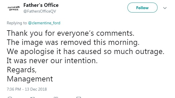 A Father's Office tweet apologising for displaying a controversial sign.