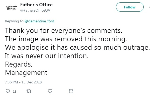 A Father's Office tweet apologising for displaying a controversial sign.