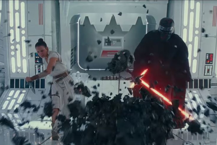 A still image from the Star Wars Episode IX trailer with Rey and Kylo Ren