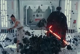 A still image from the Star Wars Episode IX trailer with Rey and Kylo Ren