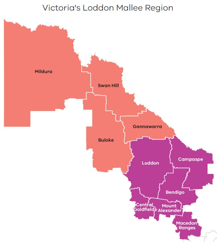 Map of the Loddon Mallee region in Victoria, stretching from Mildura (west) to Campaspe (east) and Macedon Ranges (south).