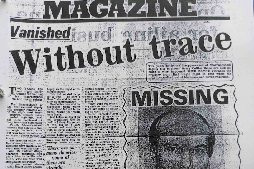 A photocopy of a newspaper article about a missing man.