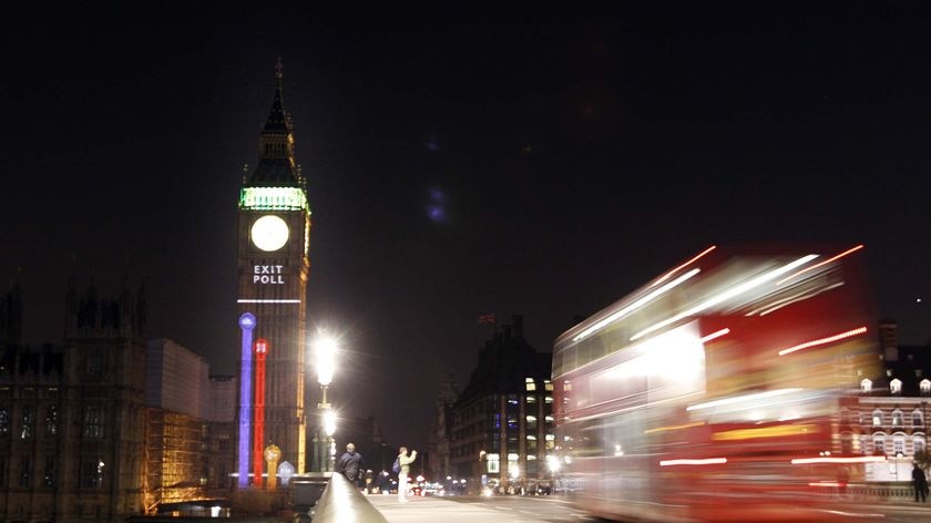 Election results are beamed onto Big Ben in central London.