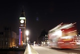 Election results are beamed onto Big Ben in central London.