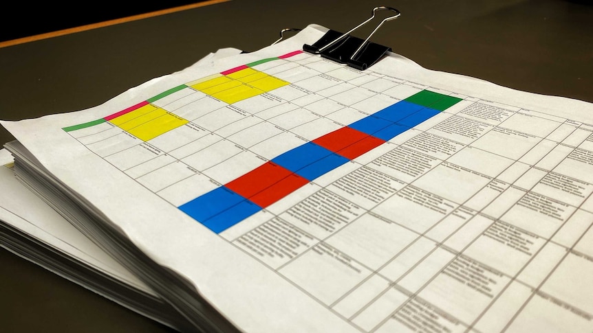 spreadsheets with colour coded sections highlighting political parties