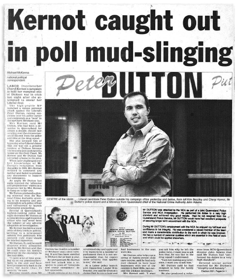 A newspaper clipping shows an article titled 'Kernot caught out in poll mud-slinging' with a photo of Peter Dutton