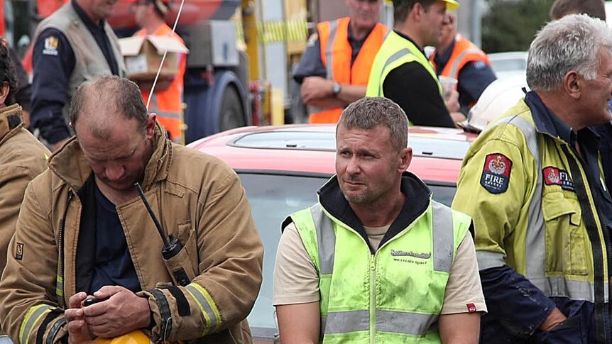 Rescue workers taking a break in Christchurch
