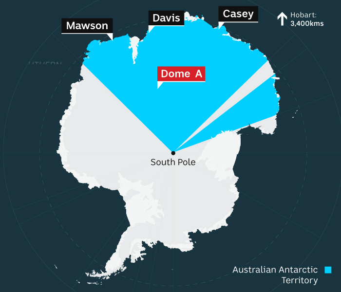 Map of Antarctica showing Australian Territory and the location of Dome A, near the South Pole.