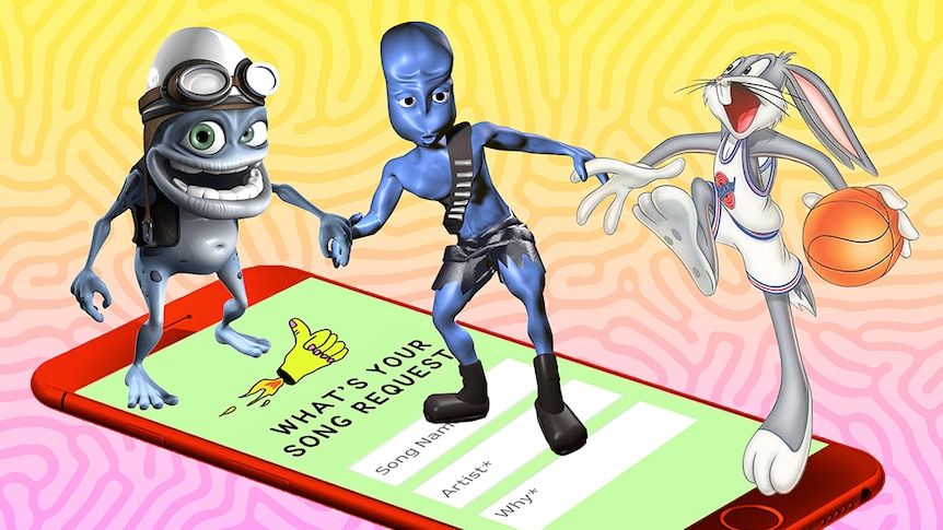 The characters of Crazy Frog, a blue alien from Eiffel 65's 'Blue' video, and Bugs Bunny bursting out of the triple j app