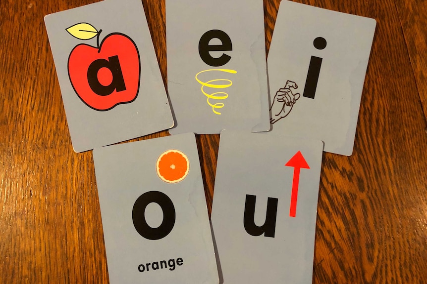 Cards with the vowels, a, e, i, o, u on them.