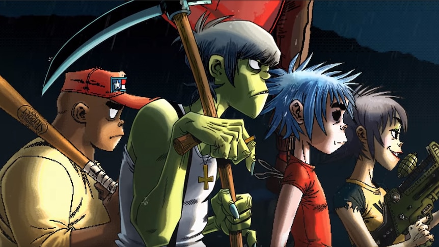 Gorillaz members Russell, Murdoc, 2D, and Noodle wielding weapons