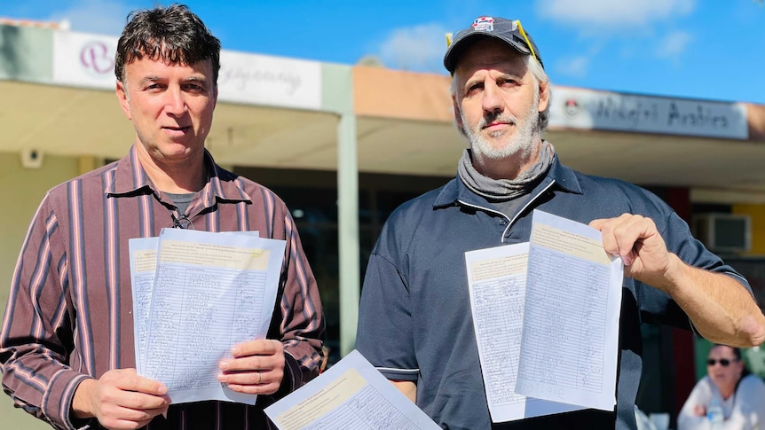 Theo Levantis and Jim Gallis of Duffy hold their petition to the ACT Government.