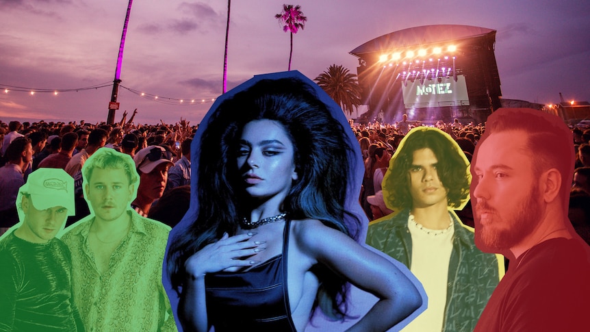 A collage of a packed festival crowd at For The Love with press shots of Cosmo's Midnight, Charli XCX, Budjerah, Duke Dumont