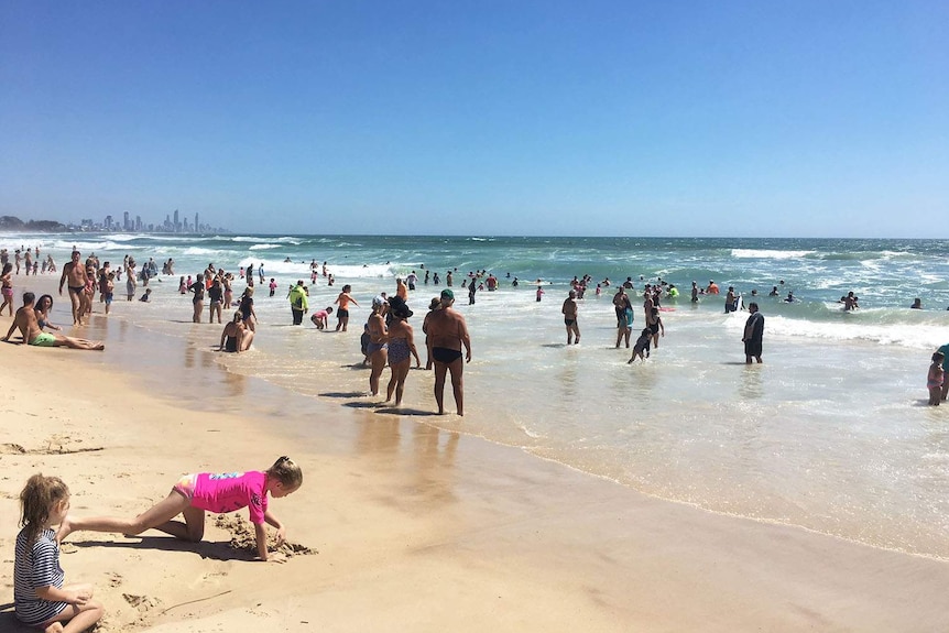 Crowds at Burleigh Beach on Queensland's Gold Coast on February 12, 2017