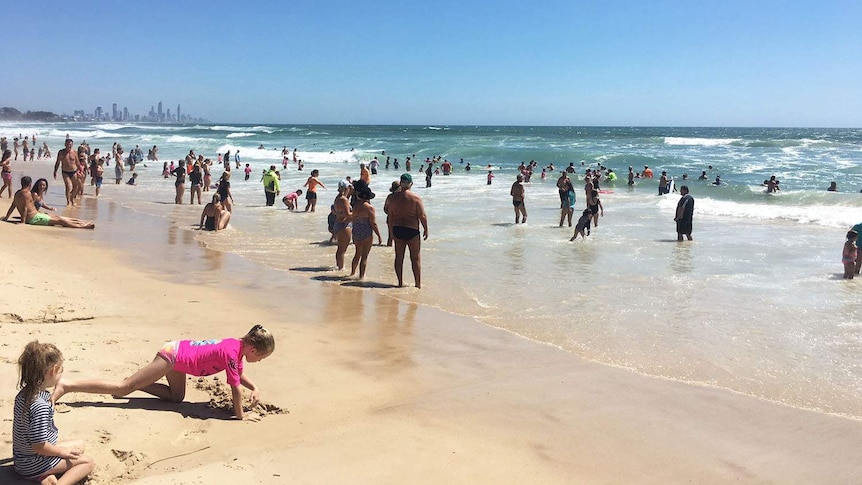 Crowds at Burleigh Beach on Queensland's Gold Coast on February 12, 2017