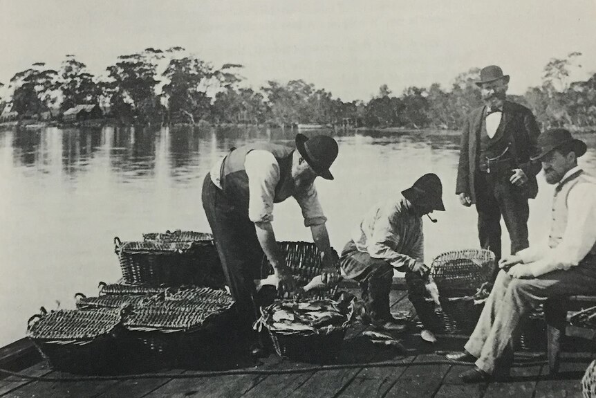 A black and white photo of men unloading fish in baskets on a jetty.