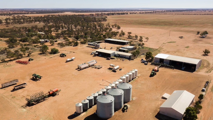 An aerial photograph of a farm