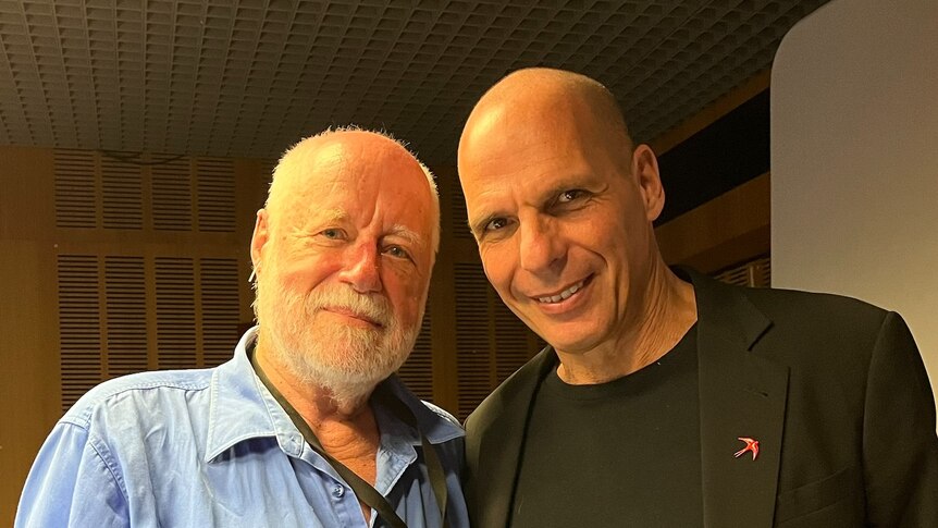Phillip Adams and  Yanis Varoufakis in the Late Night Live studio