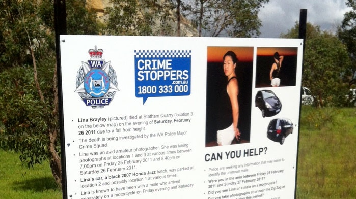 Sign featuring image of suspected murder victim Lina Brayley