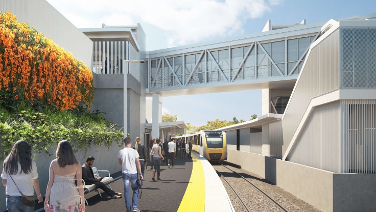 Artist impression of a new train station with overpass