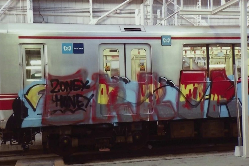 Spray paint graffiti is seen on a subway car's outer walls