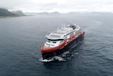 A photo of the Ms Roald Amundsen in the sea in Norway.