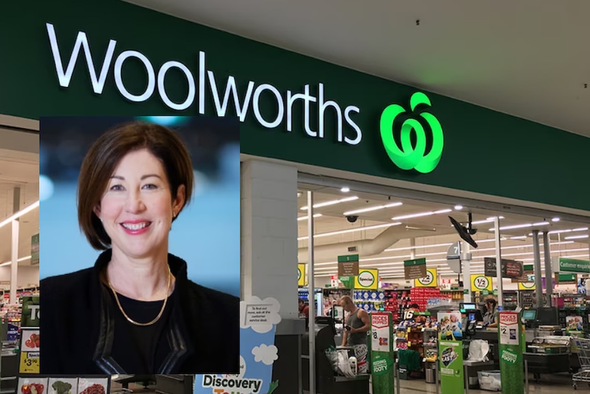 inset headshot of a white woman smiling over the exterior of a woolworths checkout 